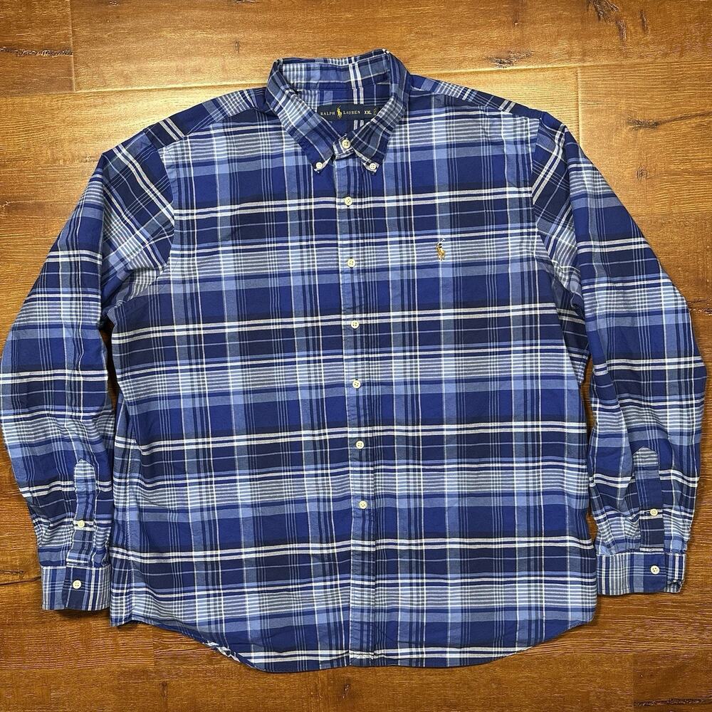 Ralph Lauren Button Up Shirt Men 2XL Blue Tartan Plaid Long Sleeve Cotton Preppy